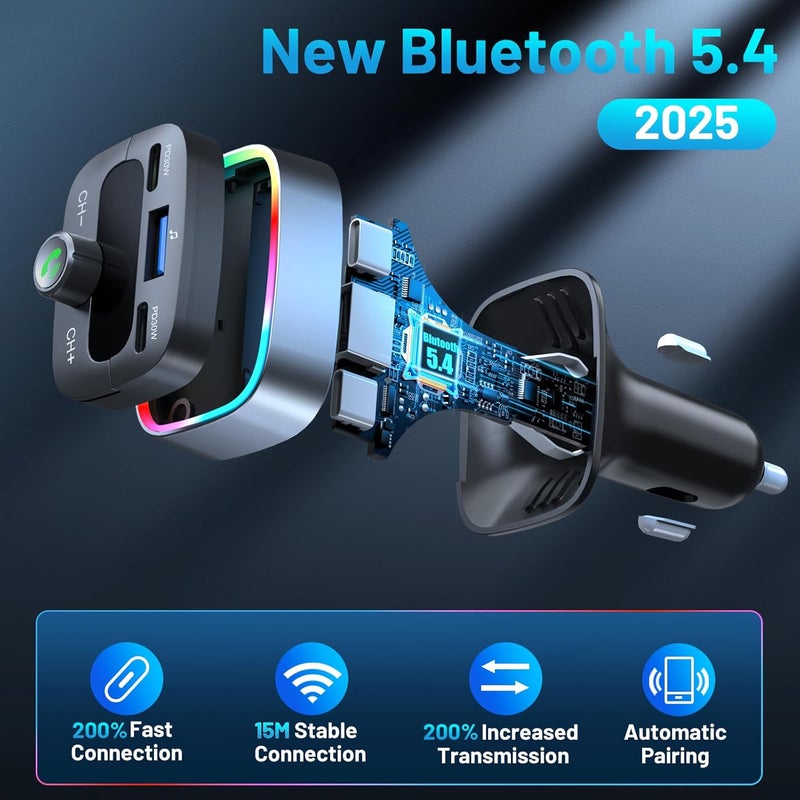 HUNDRUP Bluetooth 5.4 Car Adapter 60W Charging USB Bluetooth Adapter for Car,Wireless Fm Transmitter Radio,Handsfree Calling and Audio Receiver,HiFi Music Player,7 Colors LED Backlit - Image 3
